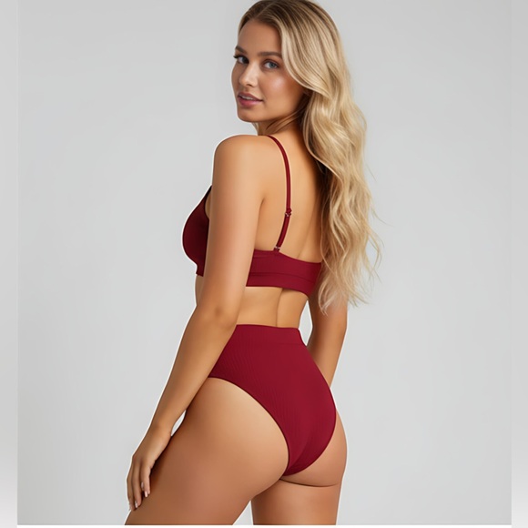 Burgundy Ribbed High Waist 2pc Bikini Swim Suit Bathing Suit - Picture 4 of 7